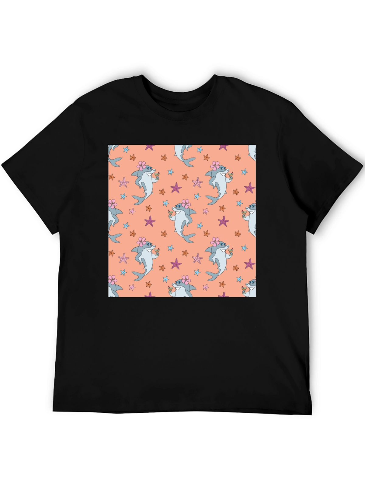 Summer Shark Pattern Black T-Shirt