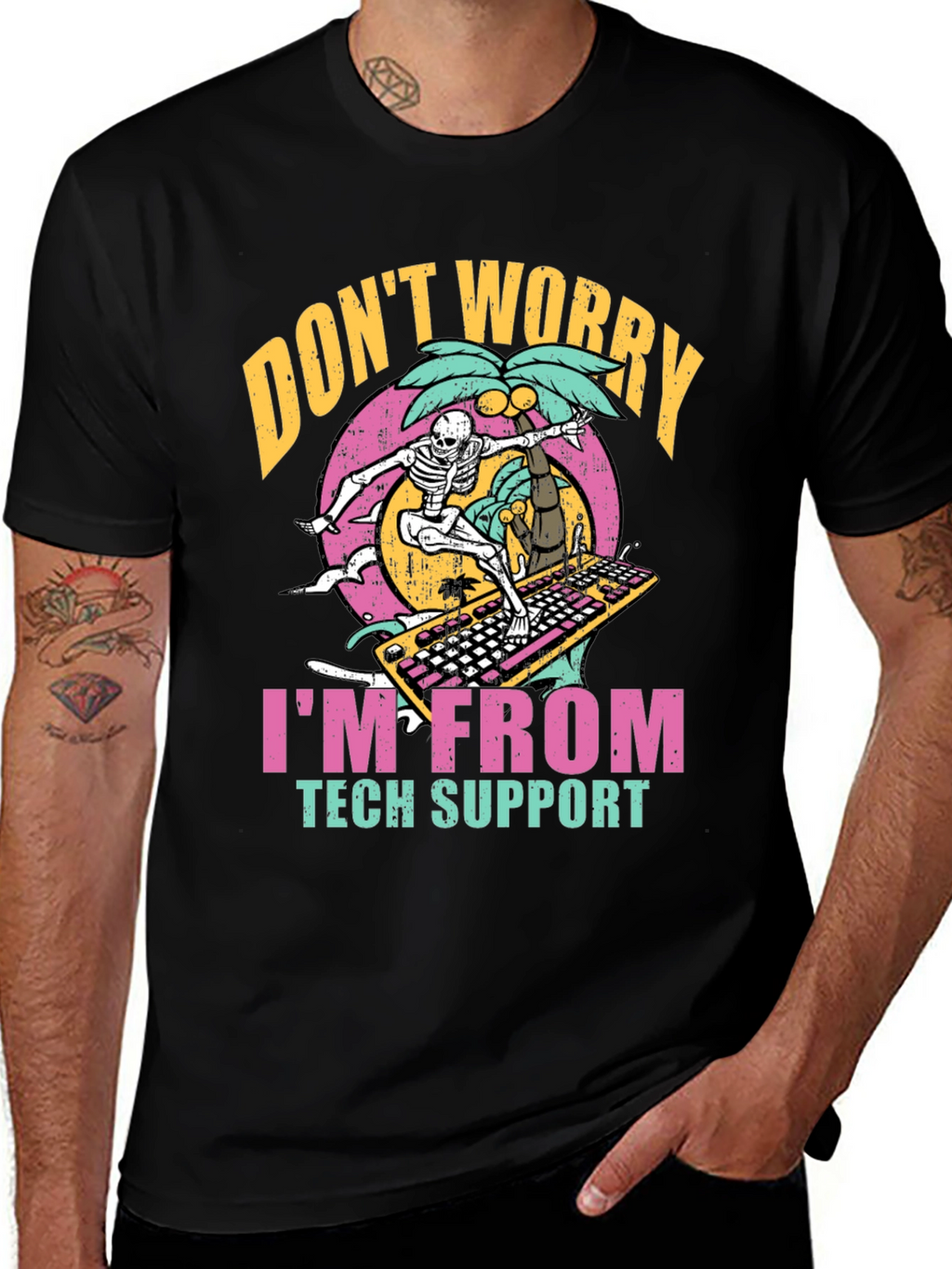 Tech Support Skeleton Surfing Keyboard T-Shirt