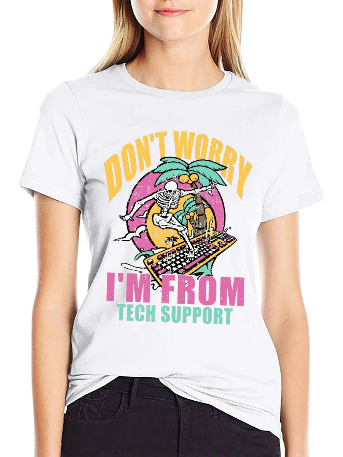 Tech Support Skeleton Surfing Keyboard T-Shirt