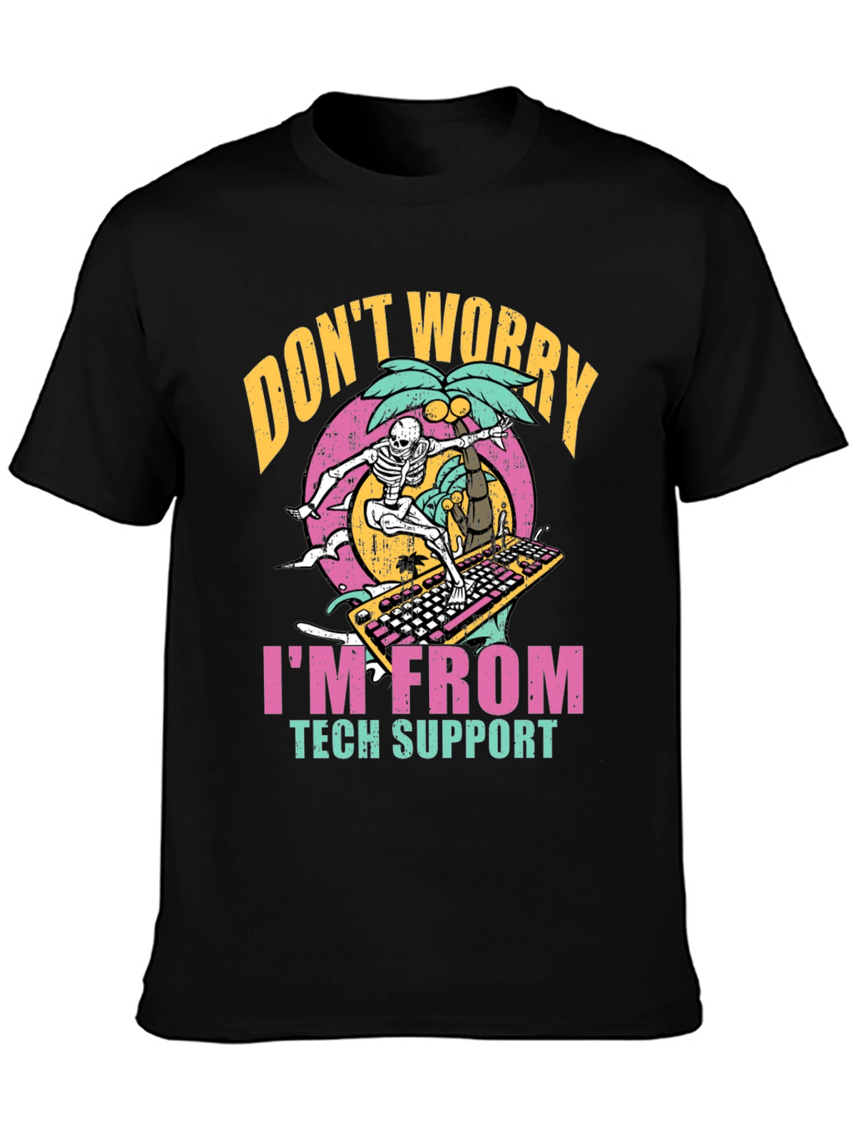 Tech Support Skeleton Surfing Keyboard T-Shirt