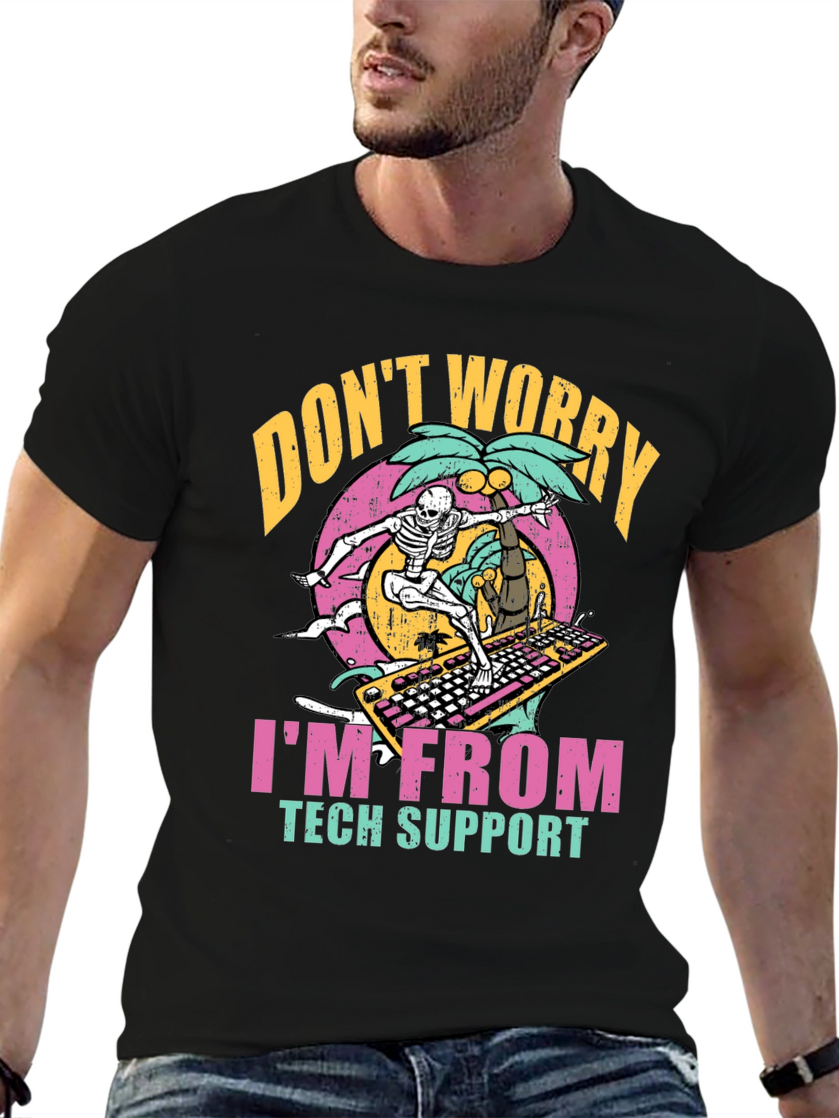 Tech Support Skeleton Surfing Keyboard T-Shirt