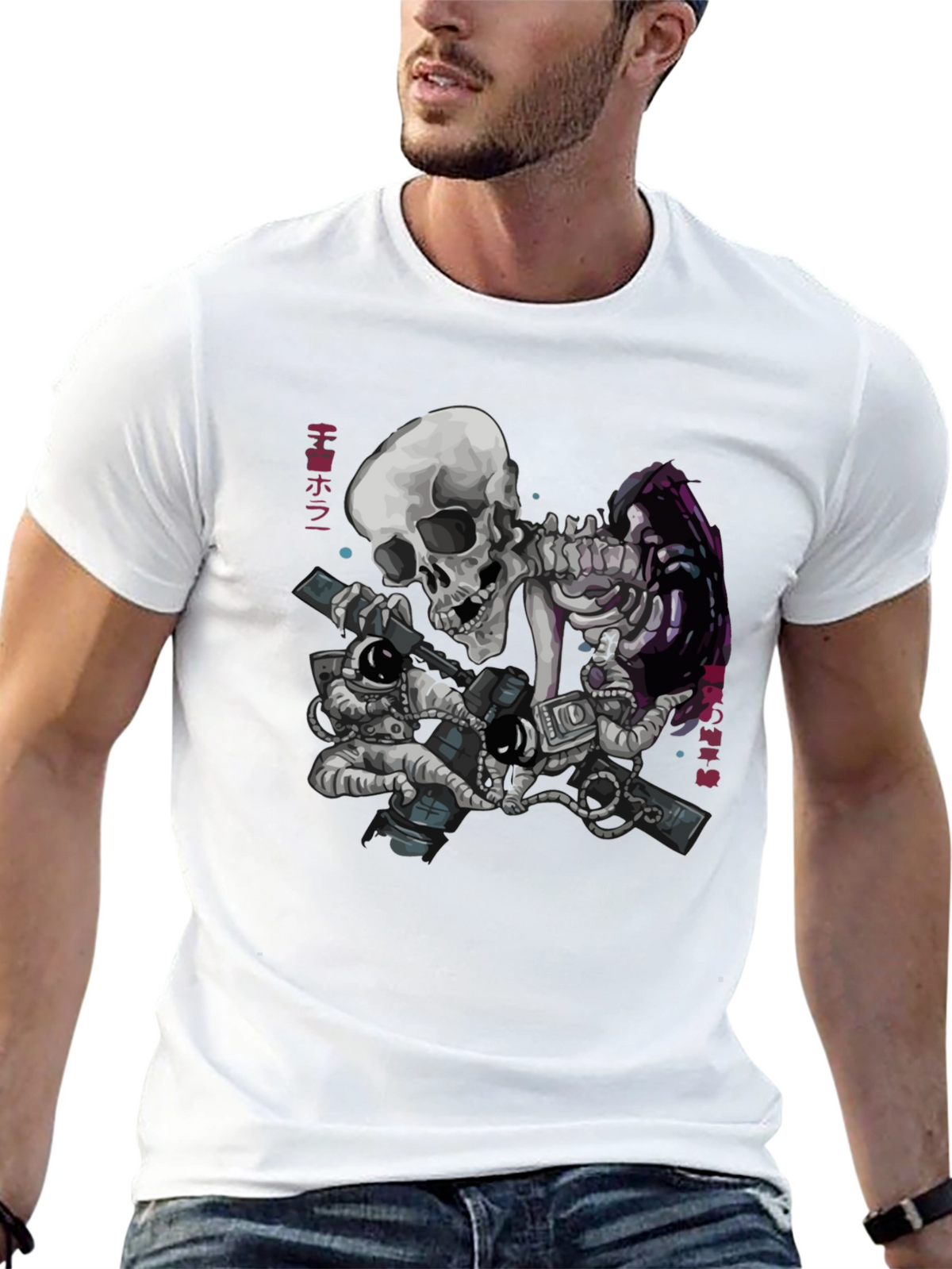 Skeleton & Astronauts Black Graphic T-Shirt