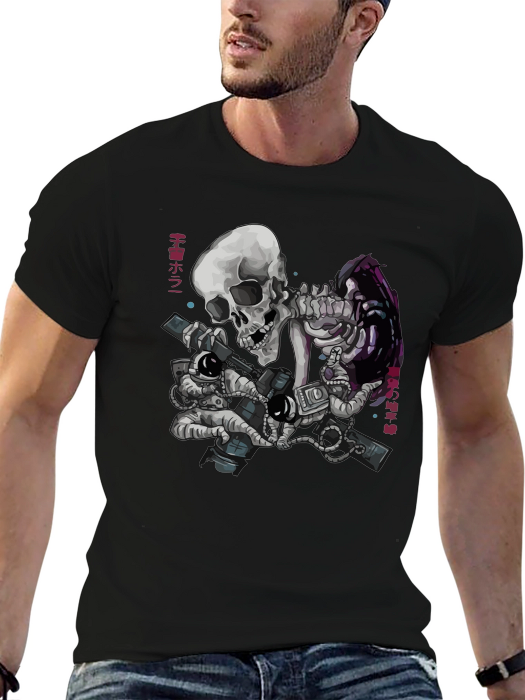 Skeleton & Astronauts Black Graphic T-Shirt