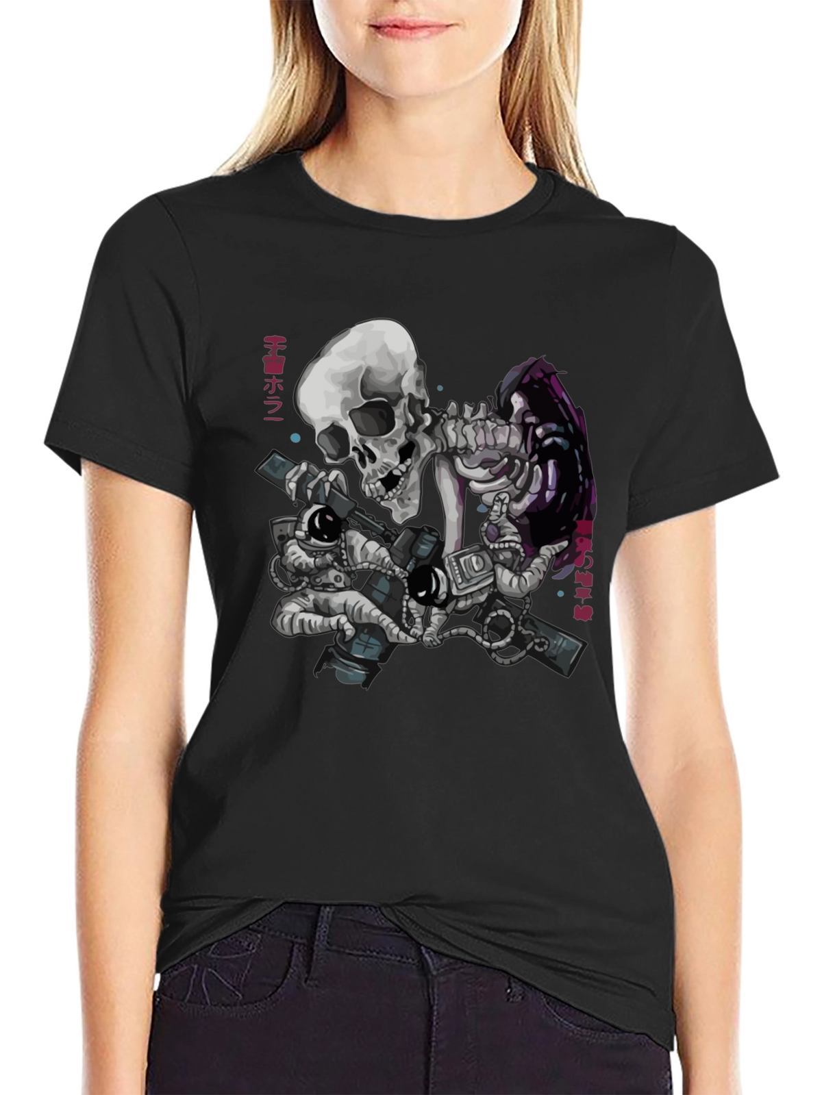 Skeleton & Astronauts Black Graphic T-Shirt