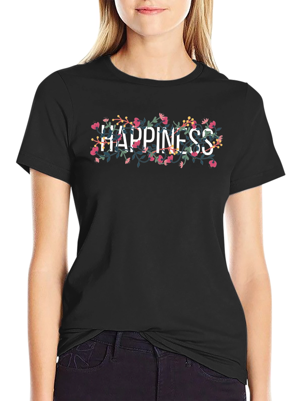 Floral Happiness Graphic Tee - Black Cotton T-Shirt
