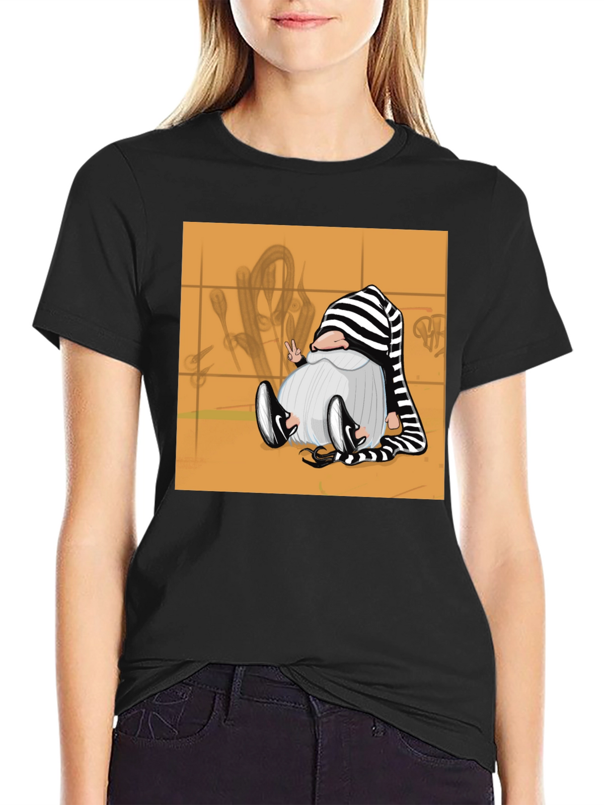Striped Hat Gnome Graphic Tee