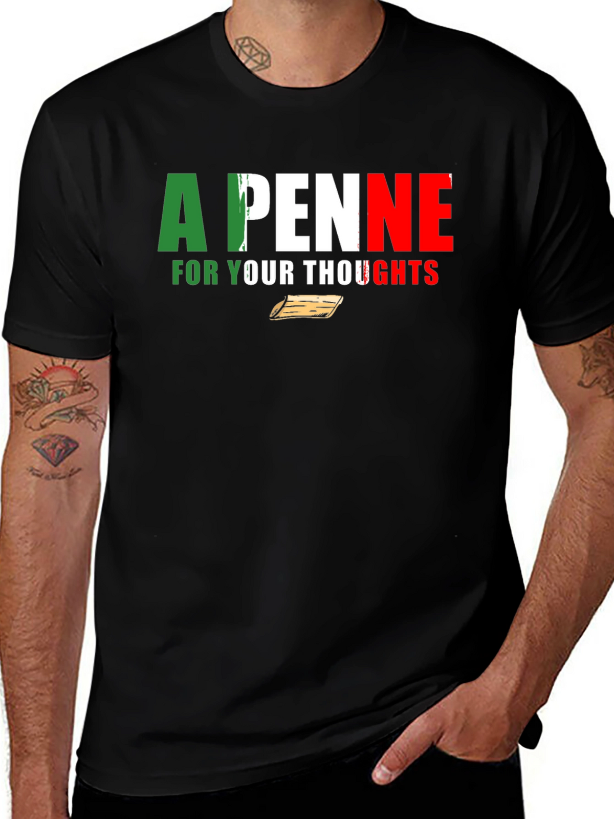 A Penne For Your Thoughts Black Graphic T-Shirt