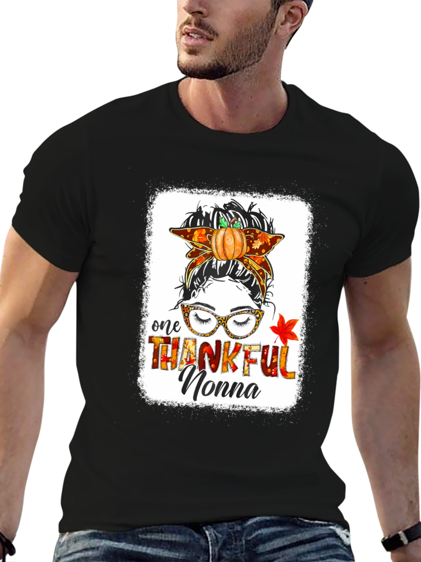 Thankful Nonna Messy Bun Thanksgiving T-Shirt