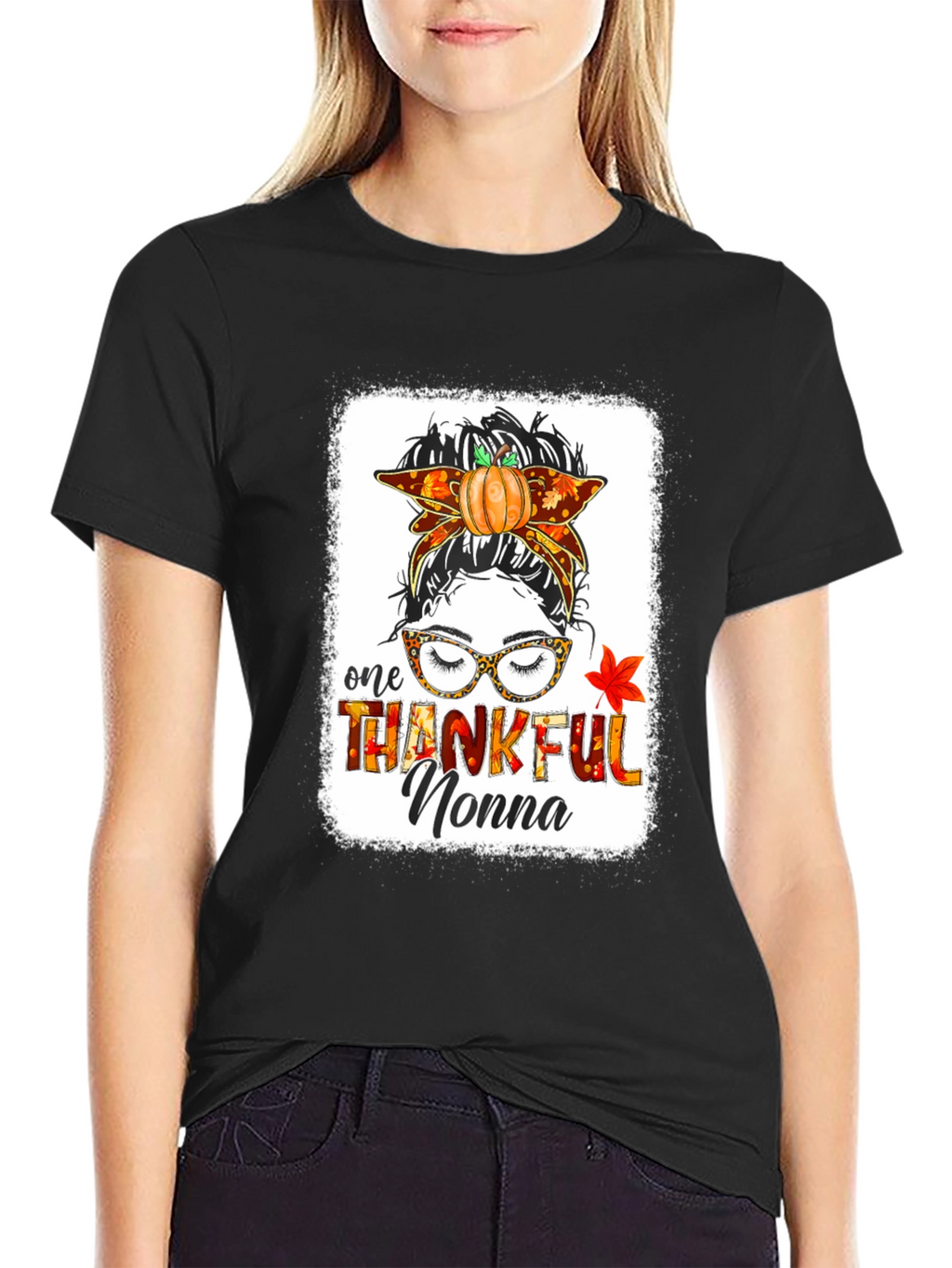 Thankful Nonna Messy Bun Thanksgiving T-Shirt