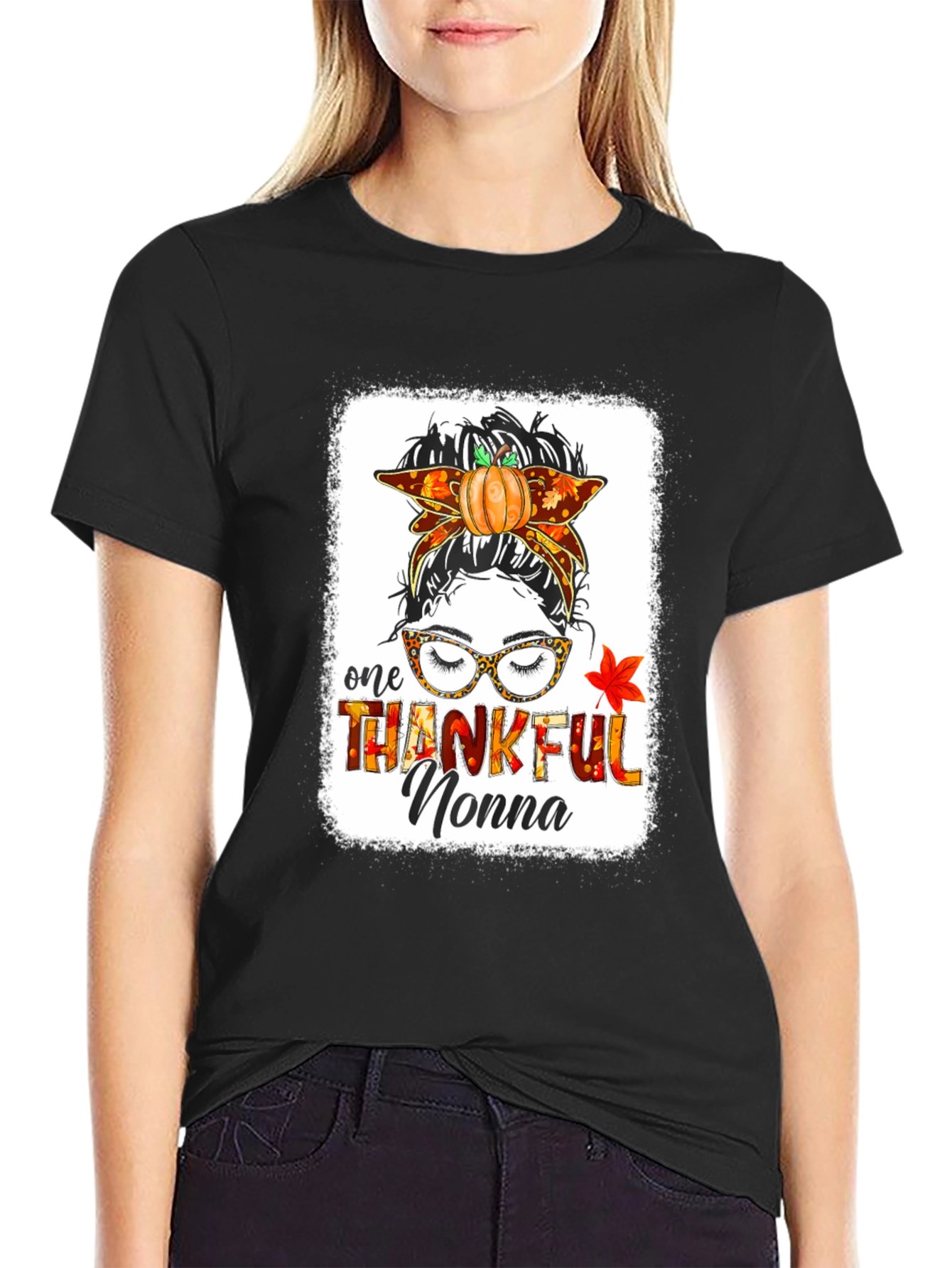 Thankful Nonna Messy Bun Thanksgiving T-Shirt