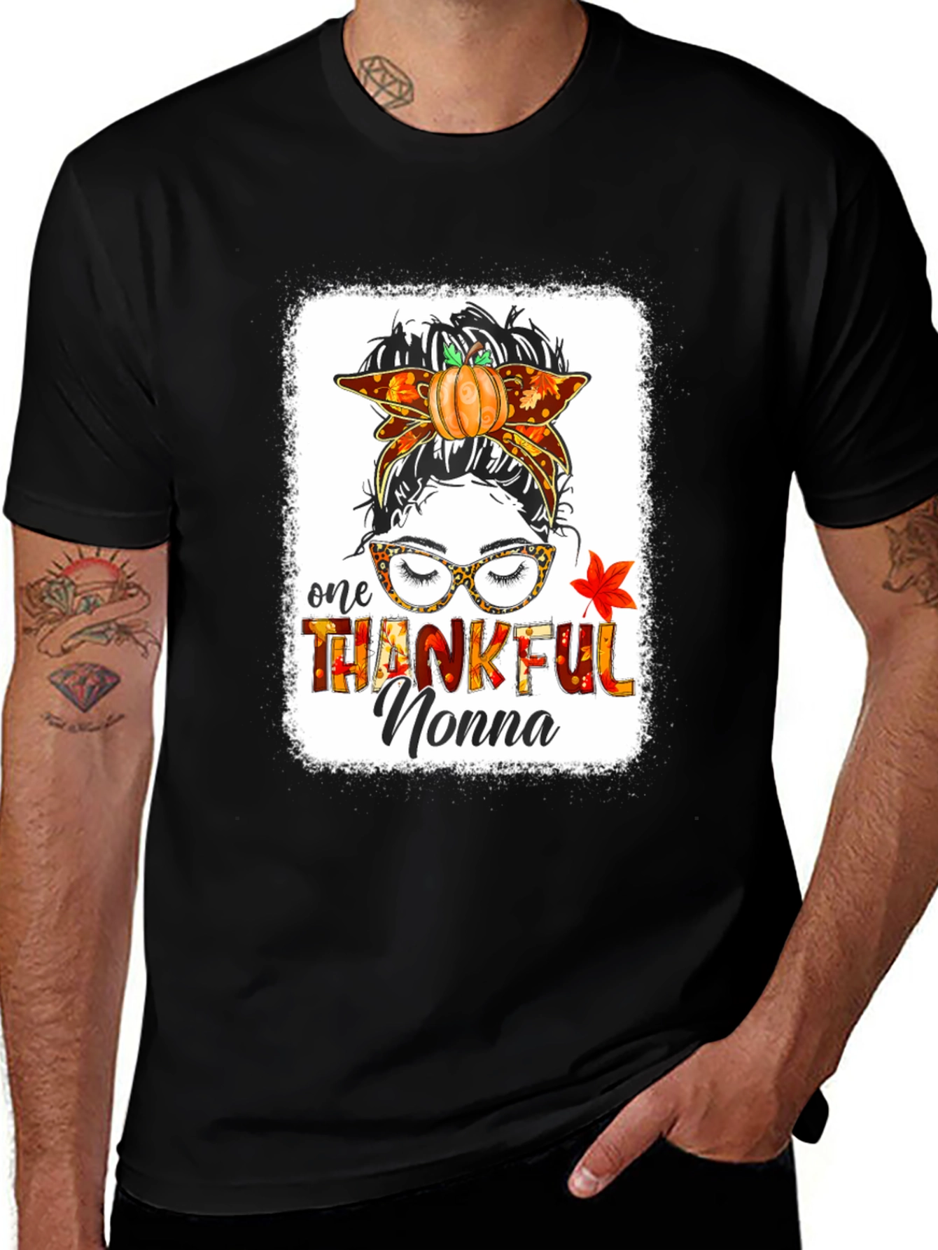 Thankful Nonna Messy Bun Thanksgiving T-Shirt
