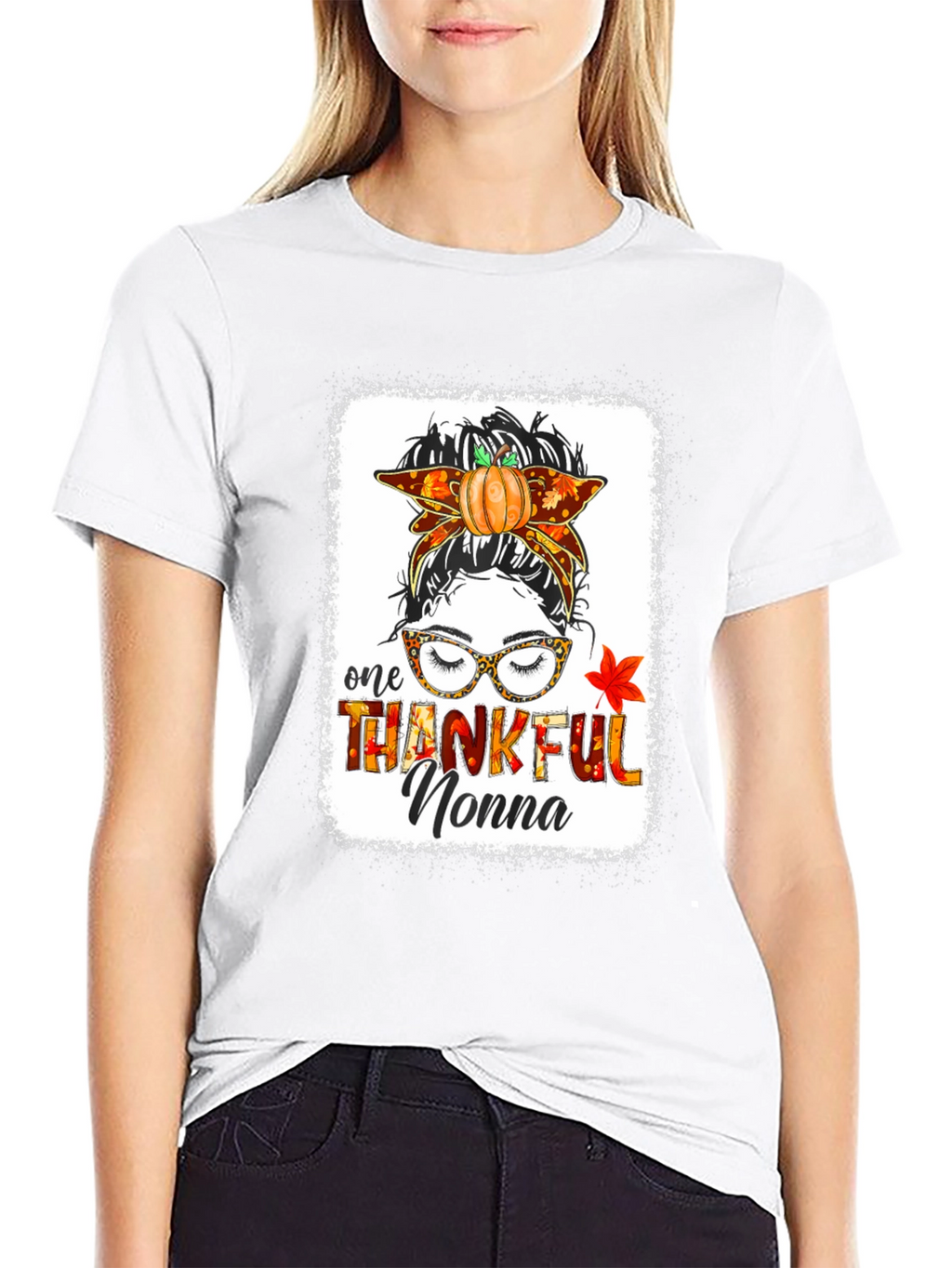 Thankful Nonna Messy Bun Thanksgiving T-Shirt