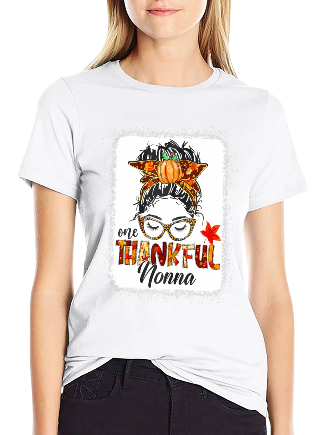 Thankful Nonna Messy Bun Thanksgiving T-Shirt