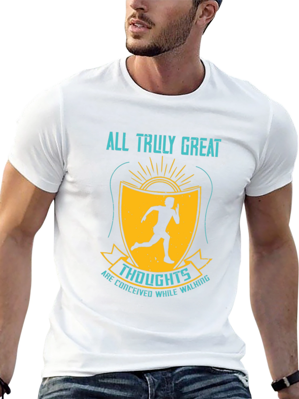 Inspirational Running T-Shirt - Great Thoughts While Walking