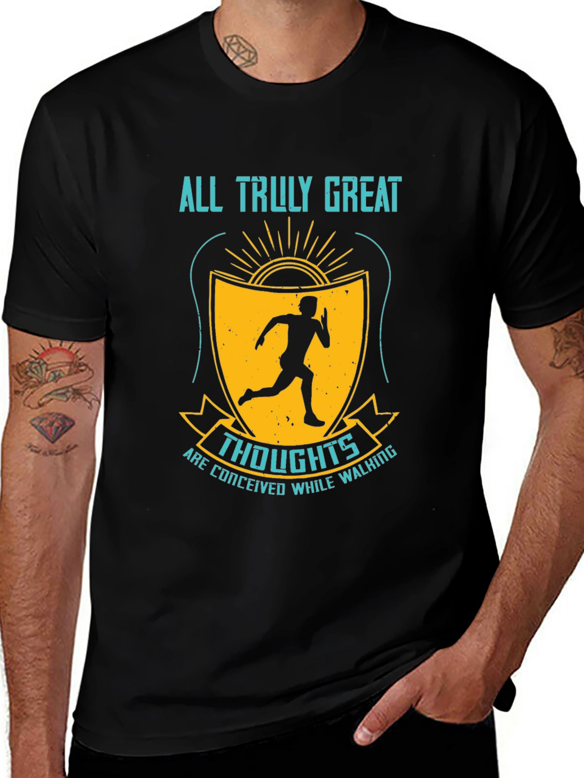 Inspirational Running T-Shirt - Great Thoughts While Walking