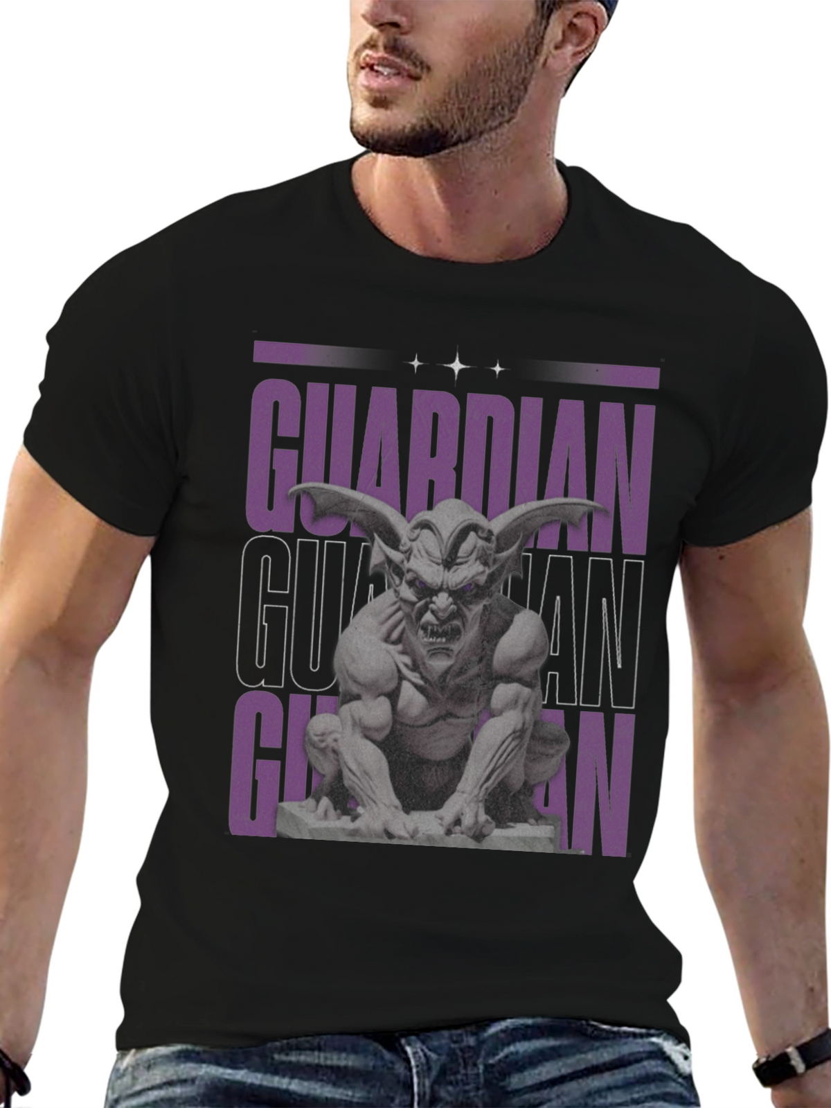 Guardian Gargoyle Graphic Tee - Black Cotton