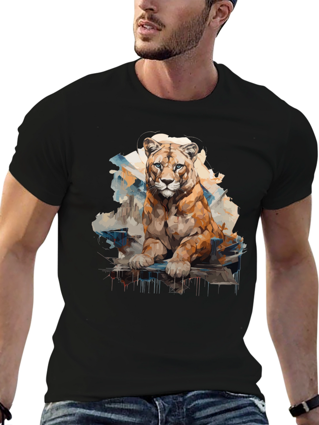 Lion Graphic Print Mens Black T-Shirt
