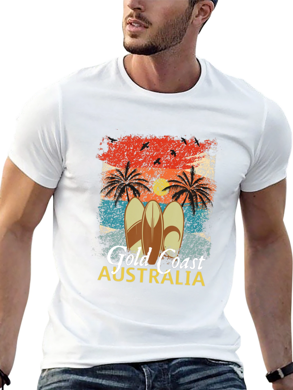 Gold Coast Australia Surfboard Palm Tree Mens T-Shirt