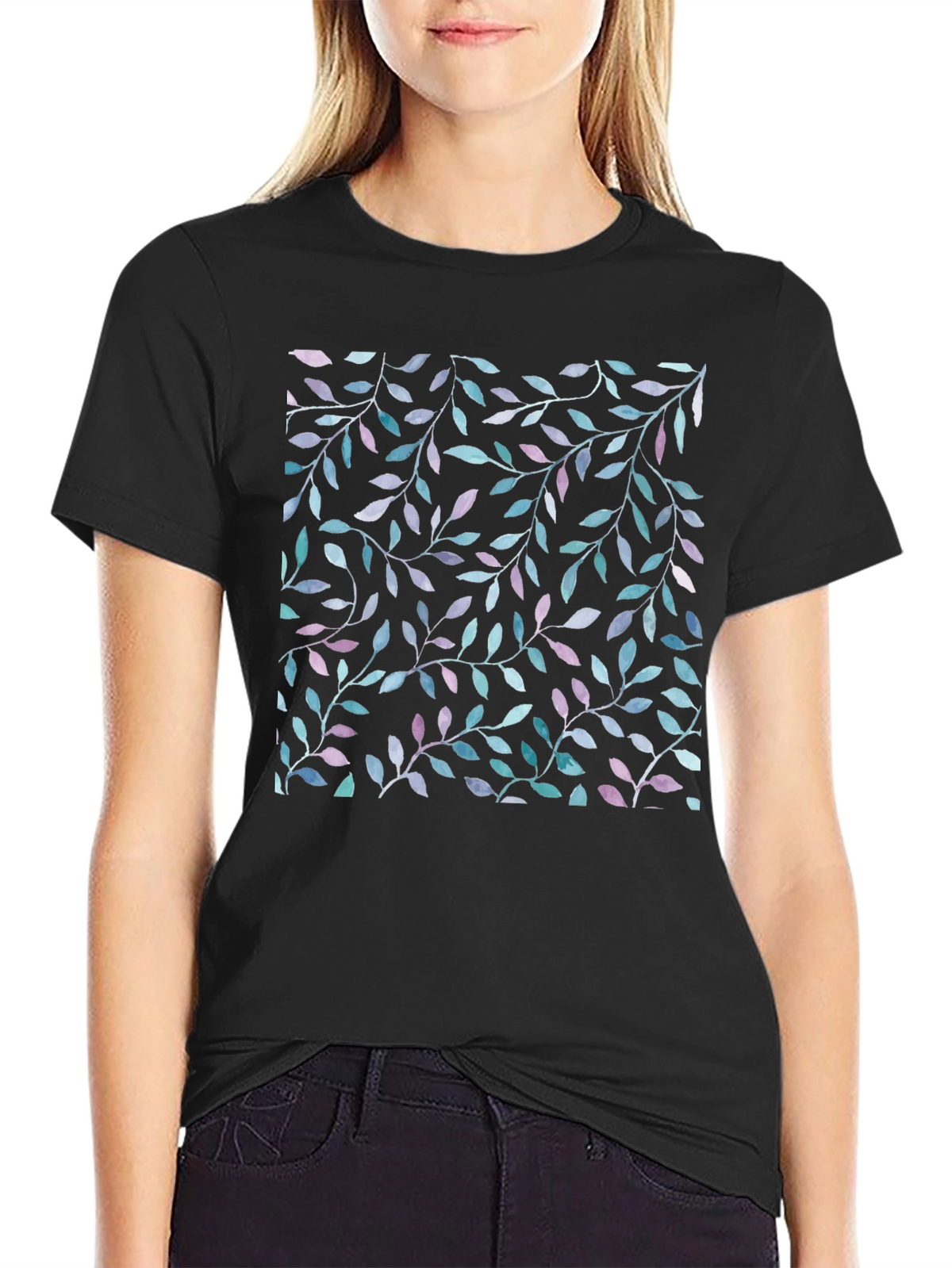 Leaf Print Black T-Shirt