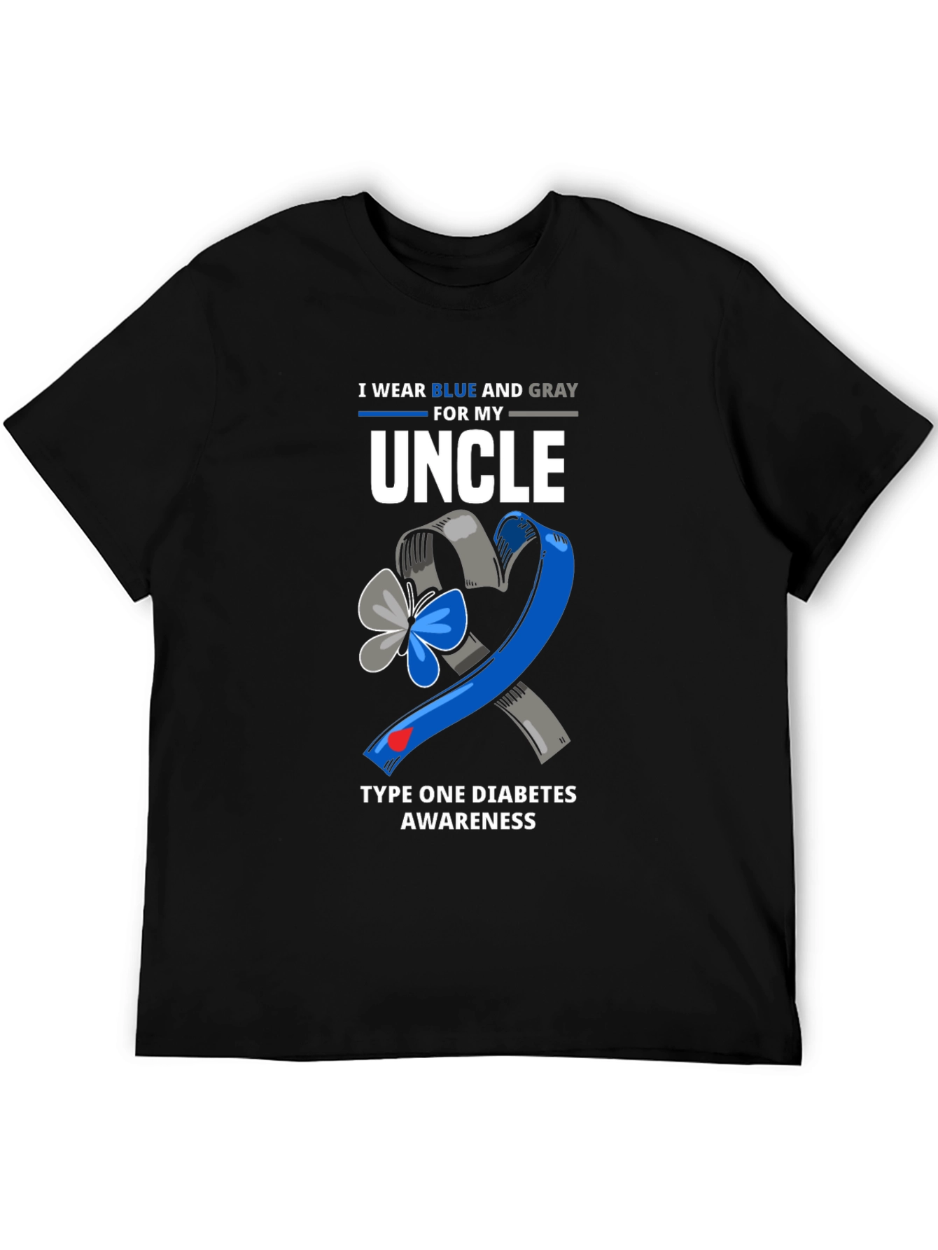 Diabetes Awareness Uncle T-Shirt - Blue and Gray Ribbon