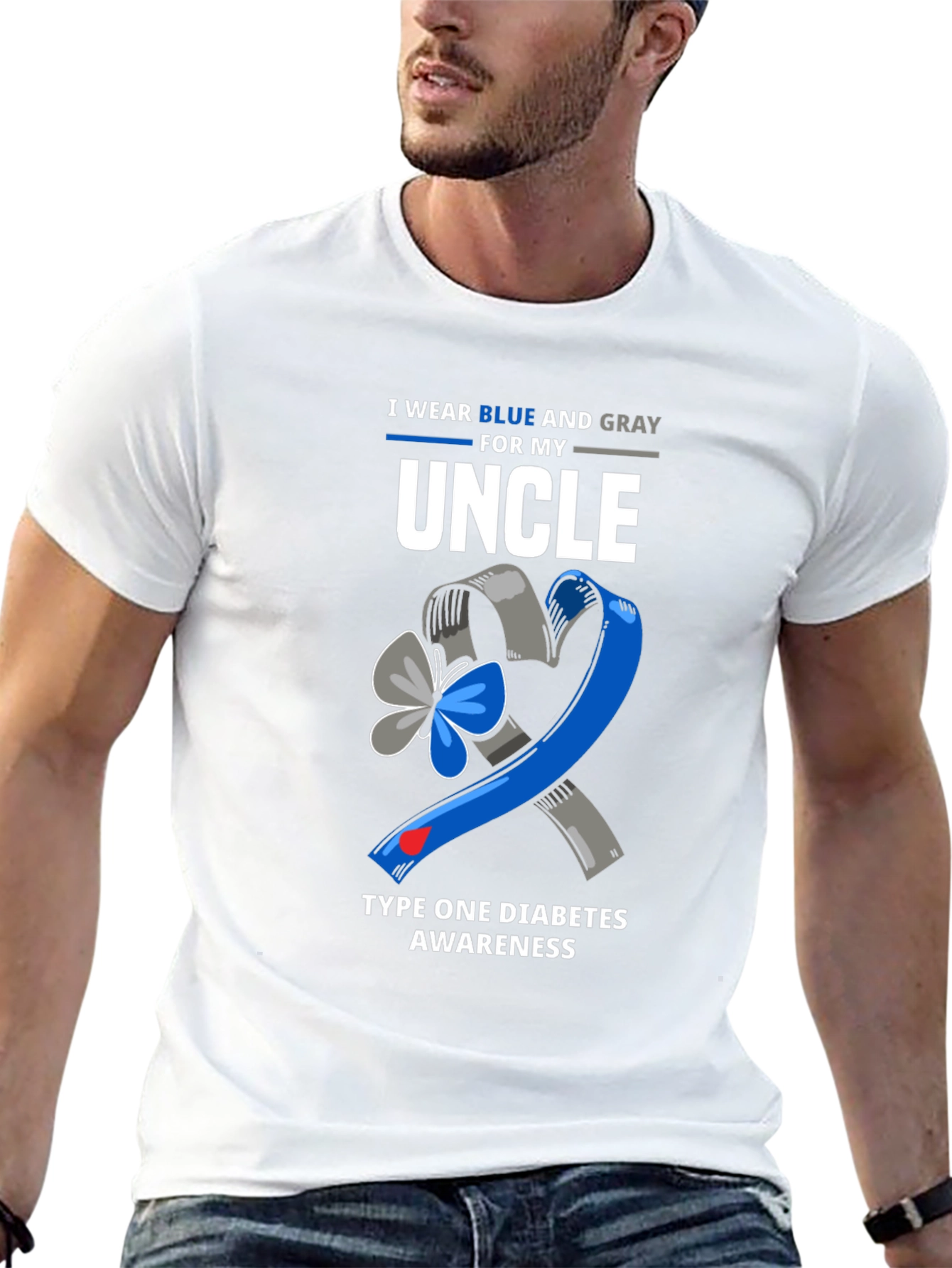 Diabetes Awareness Uncle T-Shirt - Blue and Gray Ribbon