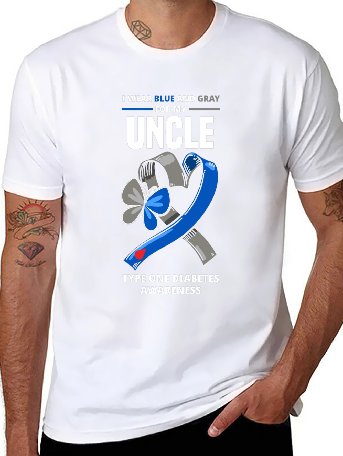 Diabetes Awareness Uncle T-Shirt - Blue and Gray Ribbon