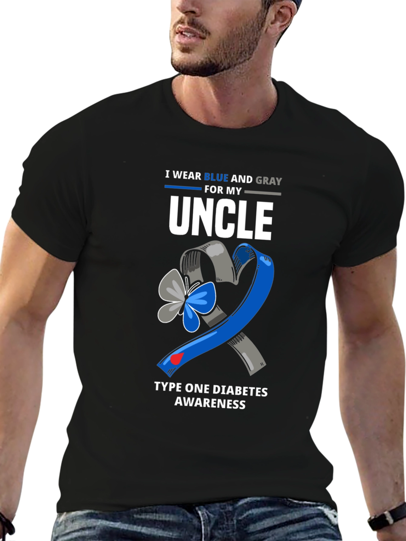 Diabetes Awareness Uncle T-Shirt - Blue and Gray Ribbon