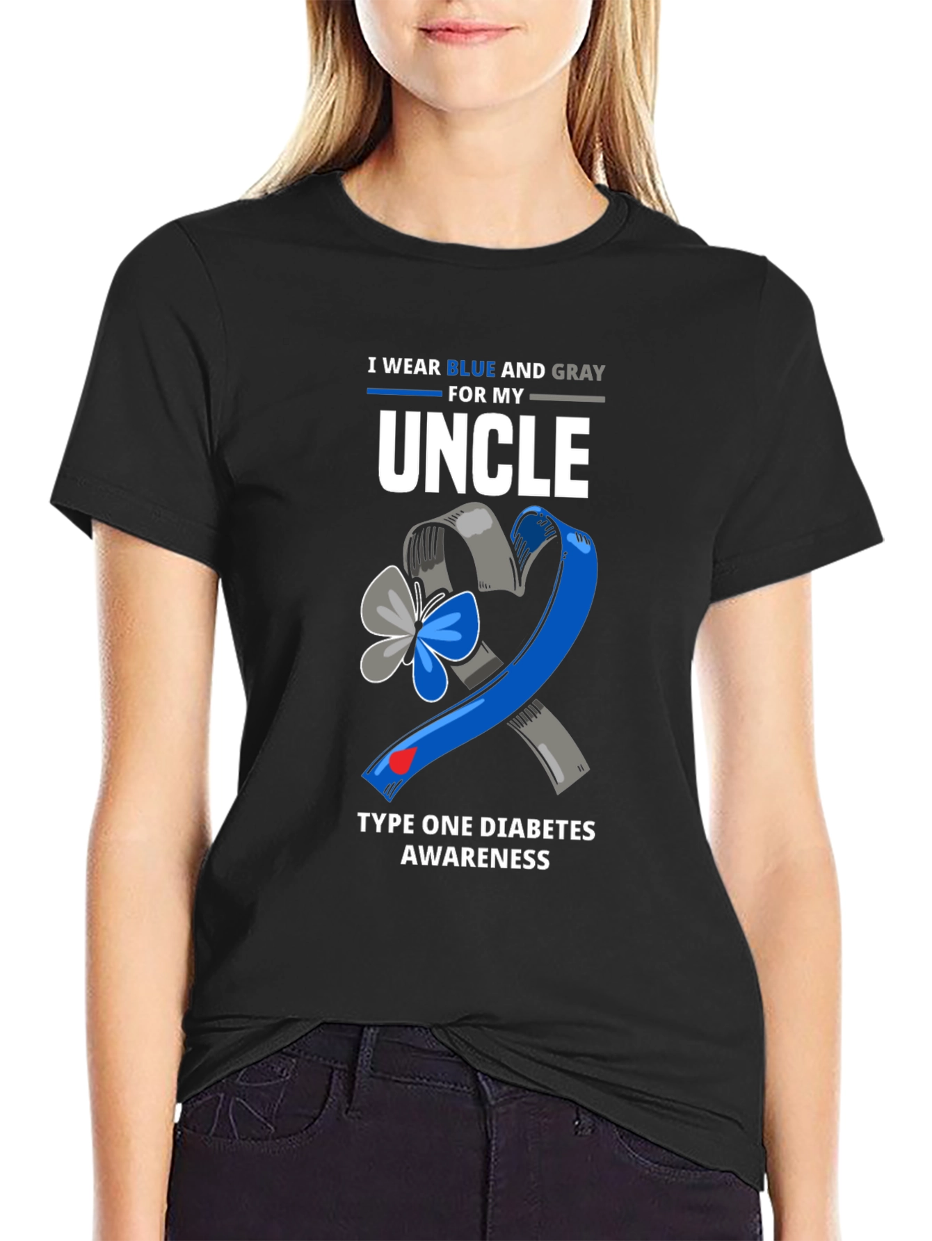 Diabetes Awareness Uncle T-Shirt - Blue and Gray Ribbon