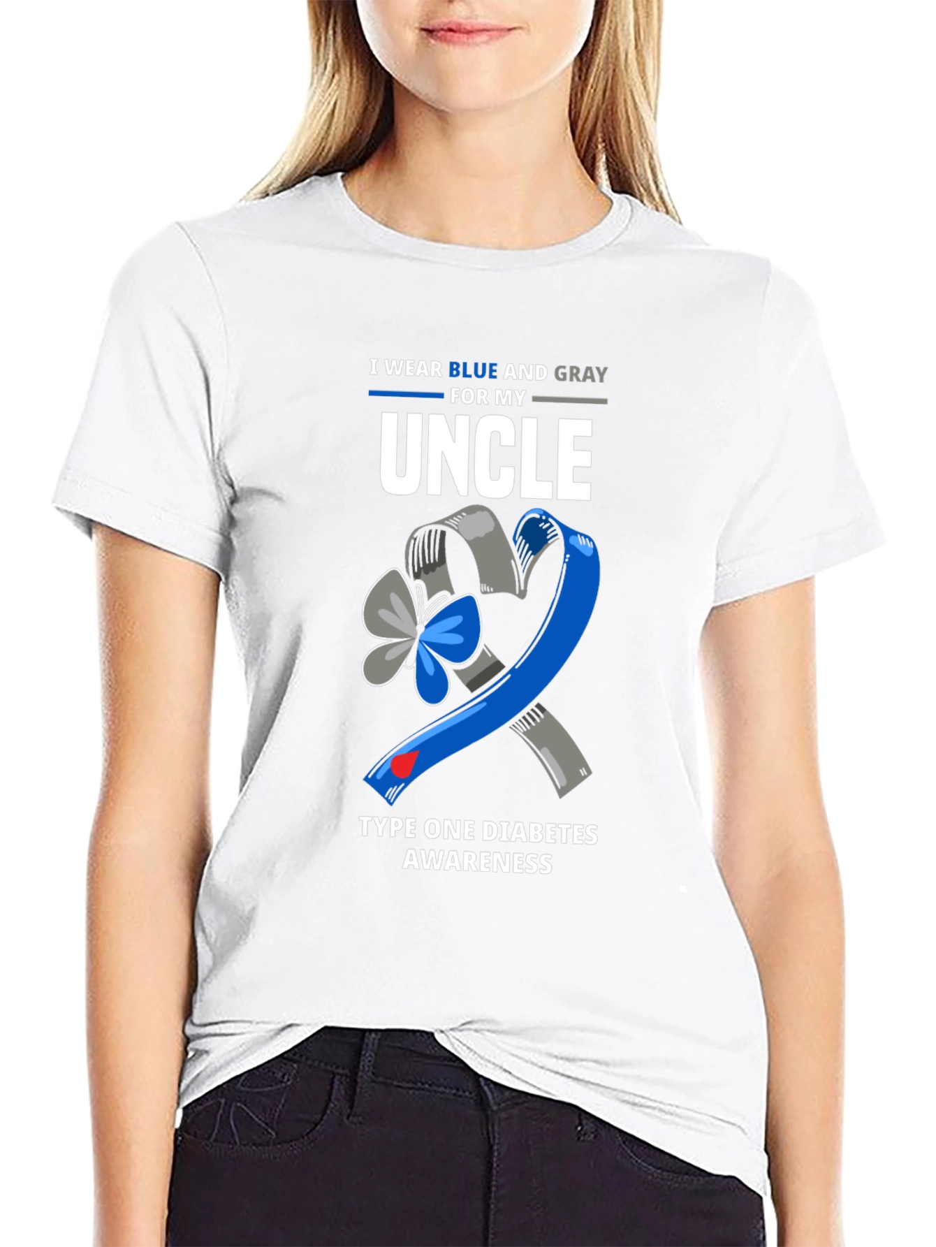 Diabetes Awareness Uncle T-Shirt - Blue and Gray Ribbon