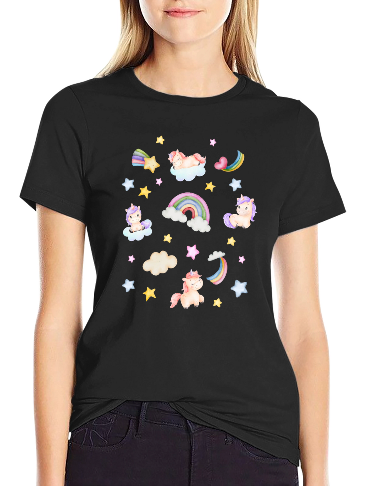 Unicorns Rainbows Stars Black T-Shirt