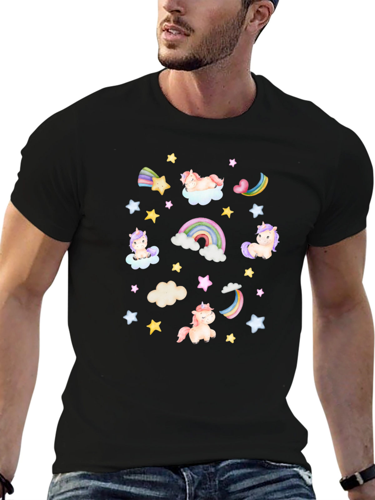 Unicorns Rainbows Stars Black T-Shirt