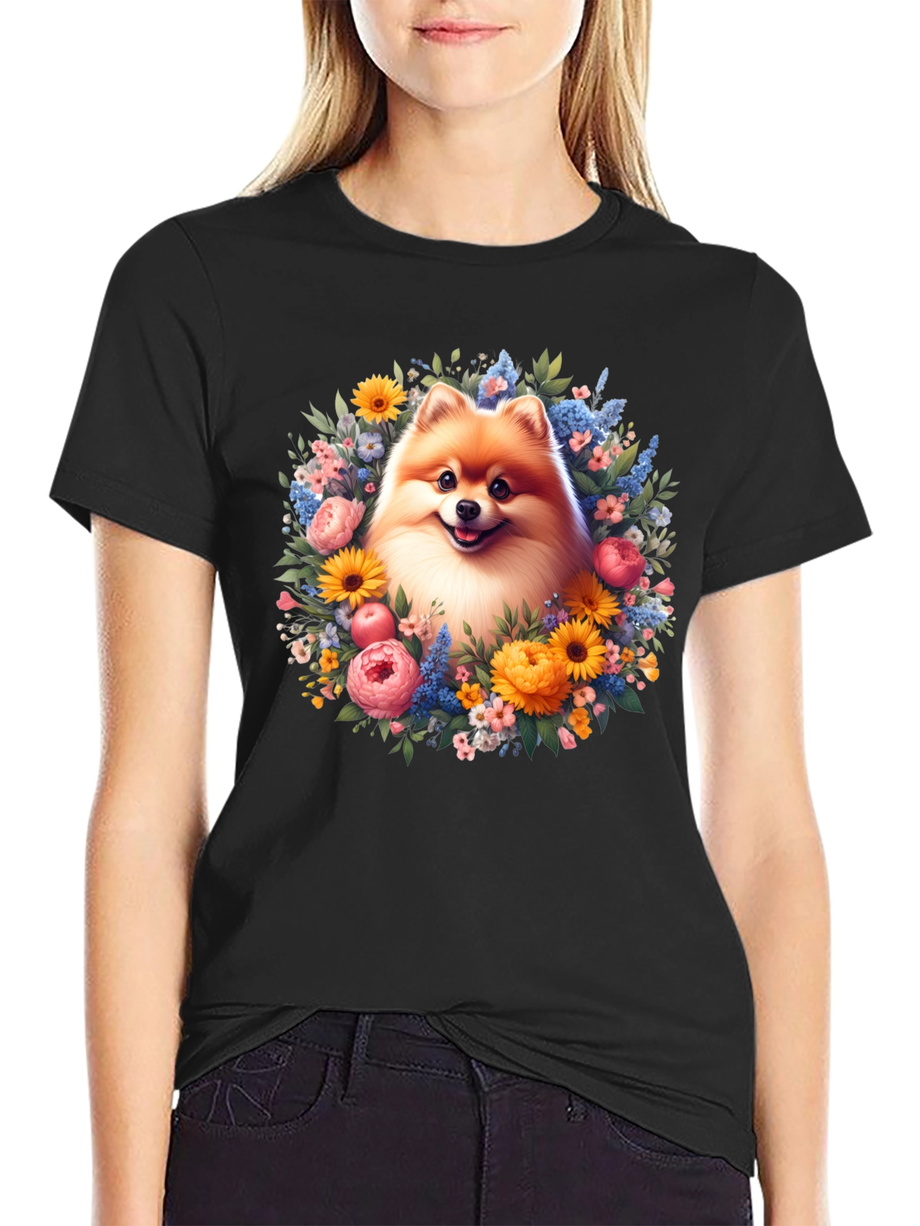 Dog Surrounded by Flowers Graphic T-Shirt