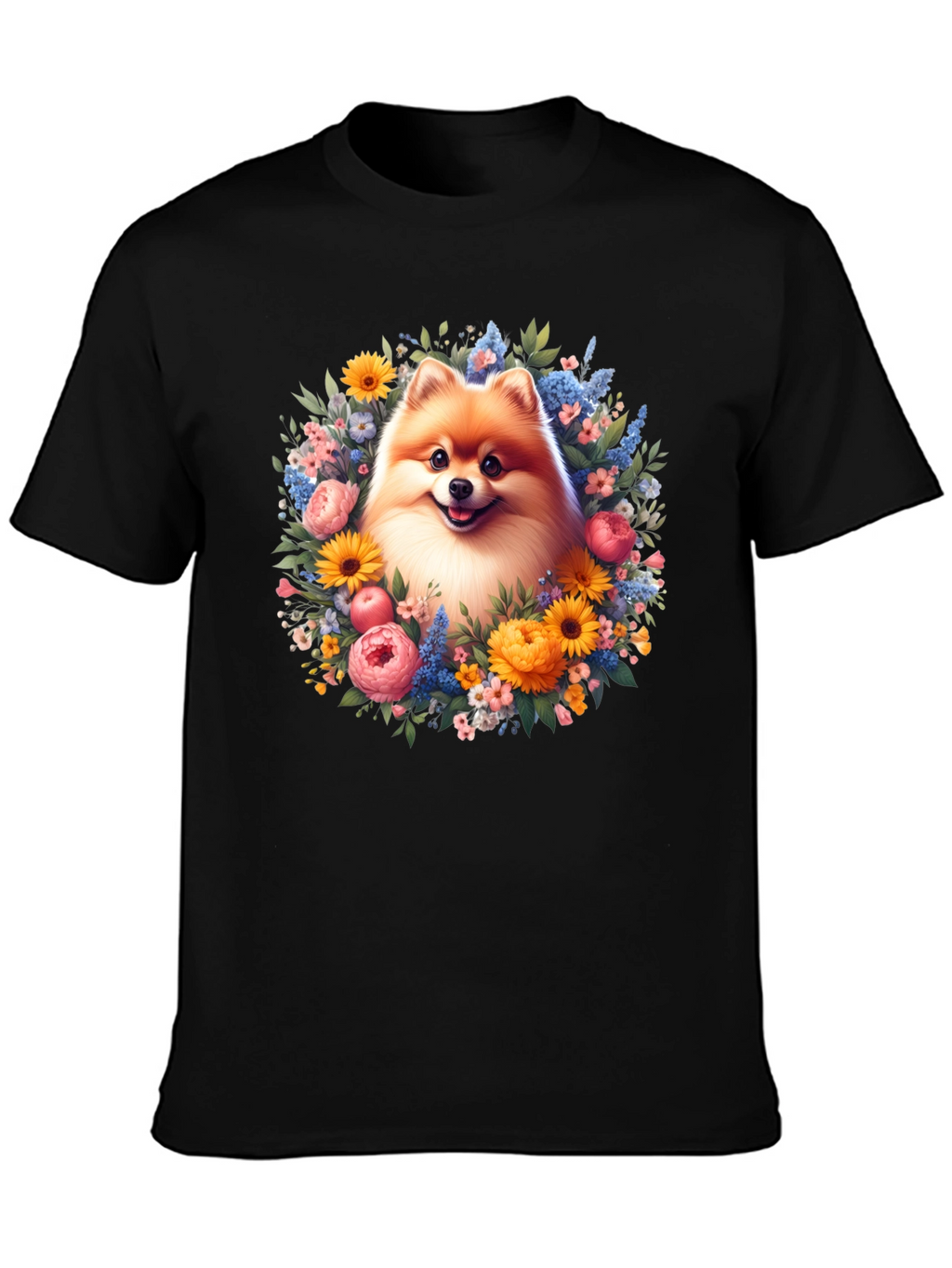 Dog Surrounded by Flowers Graphic T-Shirt