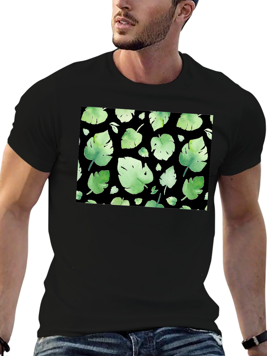 Leaf Pattern Black T-Shirt