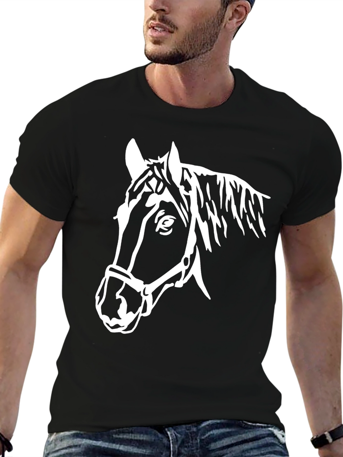 Black T-Shirt with White Horse Head Graphic