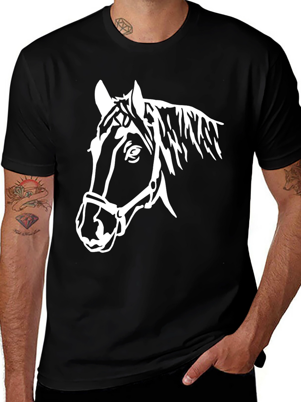 Black T-Shirt with White Horse Head Graphic
