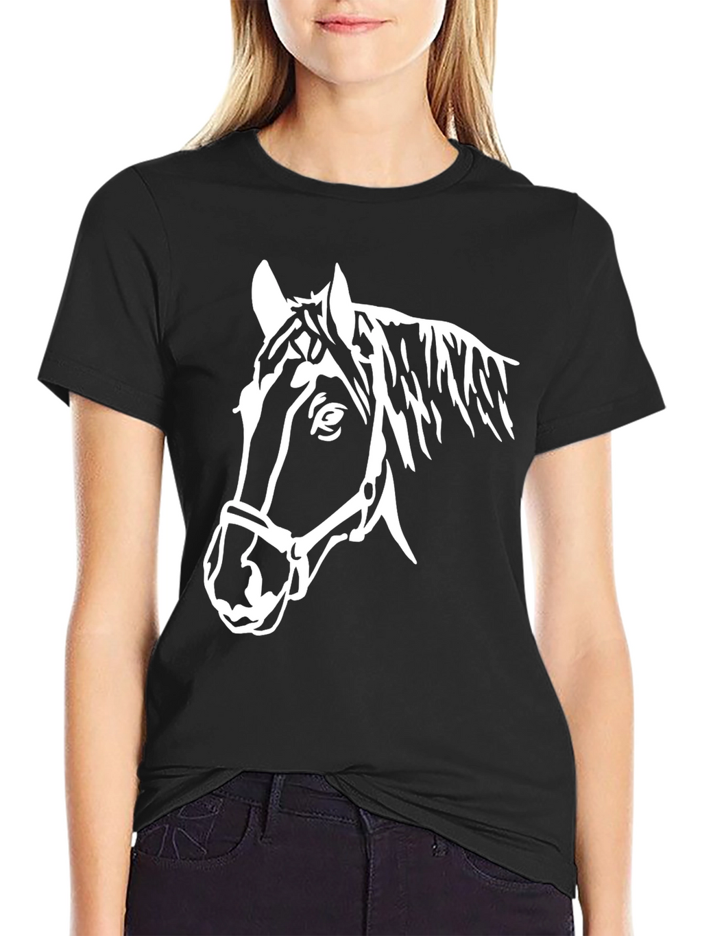 Black T-Shirt with White Horse Head Graphic