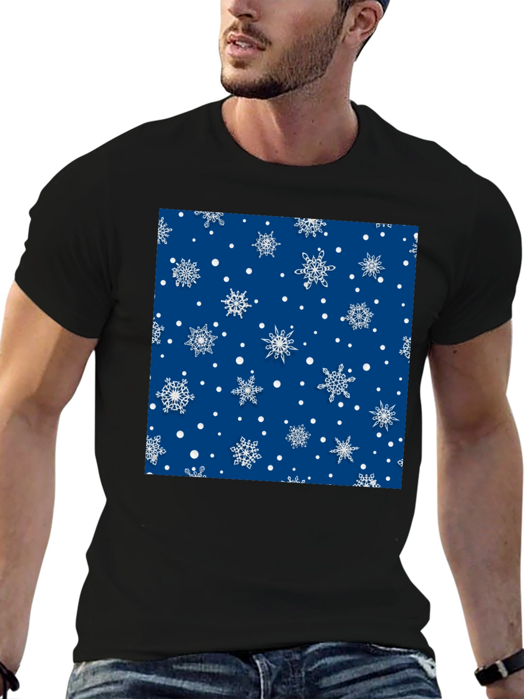 Festive Snowflake Pattern Black T-Shirt