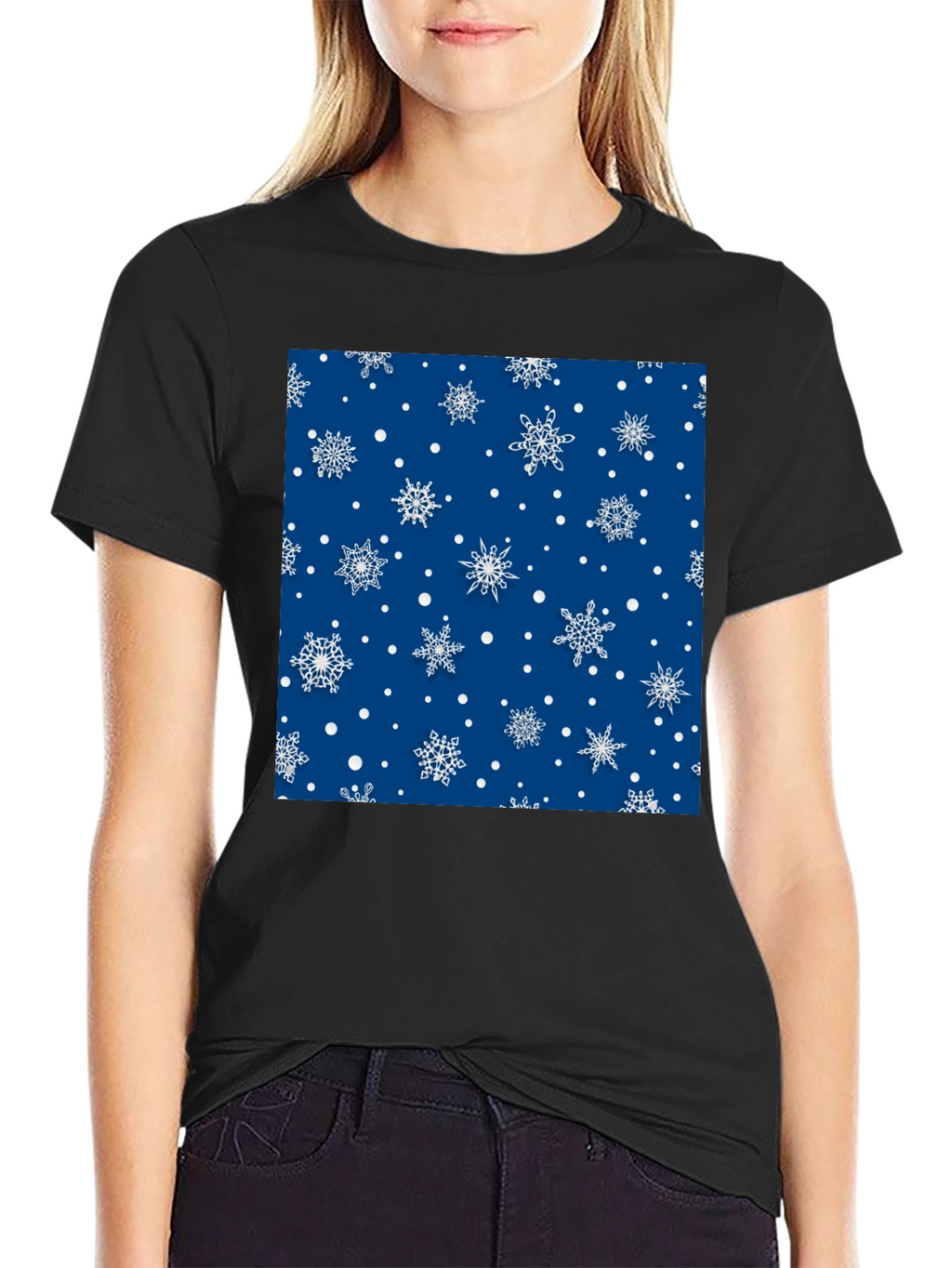Festive Snowflake Pattern Black T-Shirt