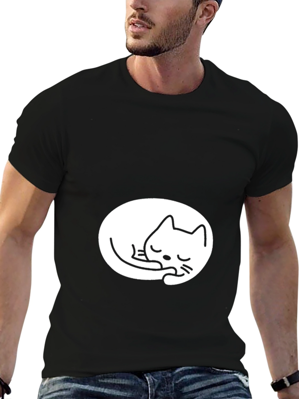 Black Tee with Cute Sleeping Cat Design