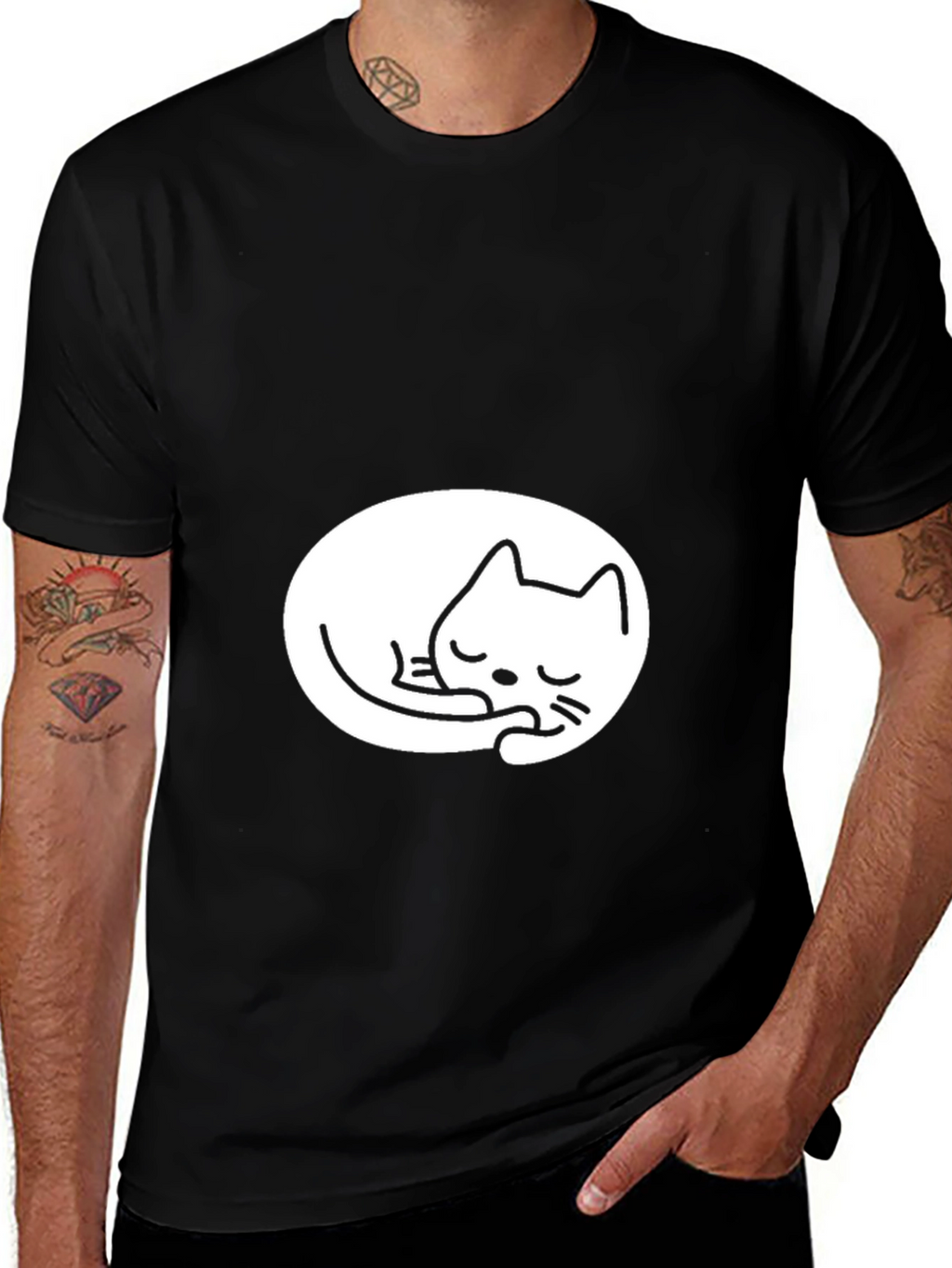 Black Tee with Cute Sleeping Cat Design