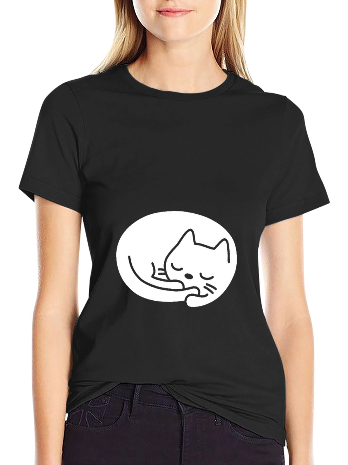 Black Tee with Cute Sleeping Cat Design