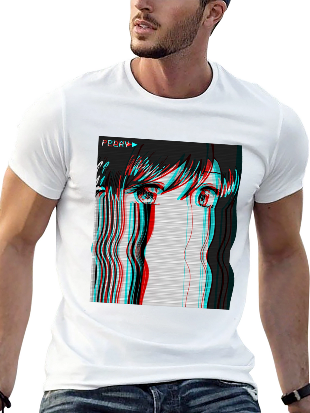Anime Girl Glitch Black T-Shirt