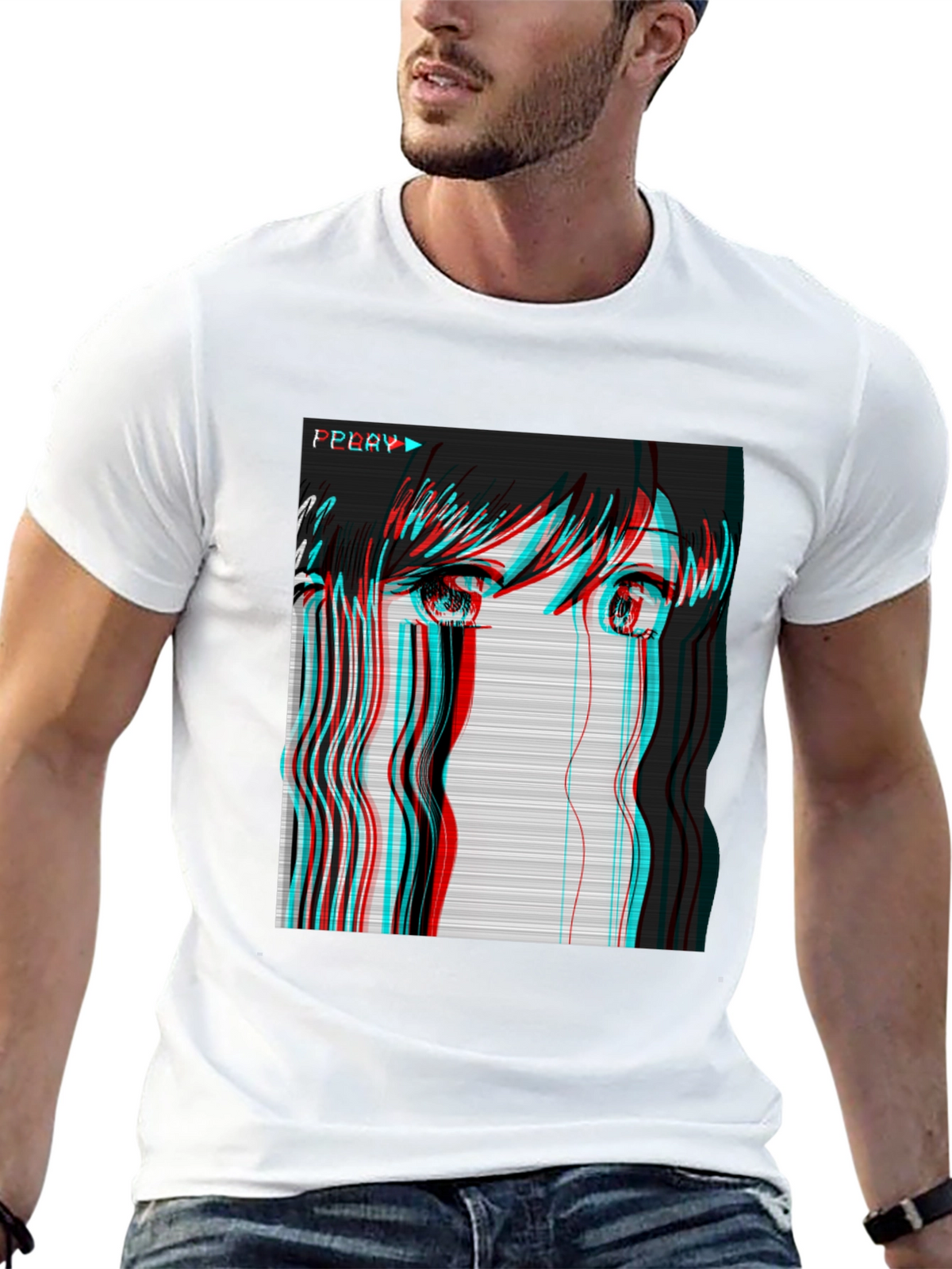 Anime Girl Glitch Black T-Shirt