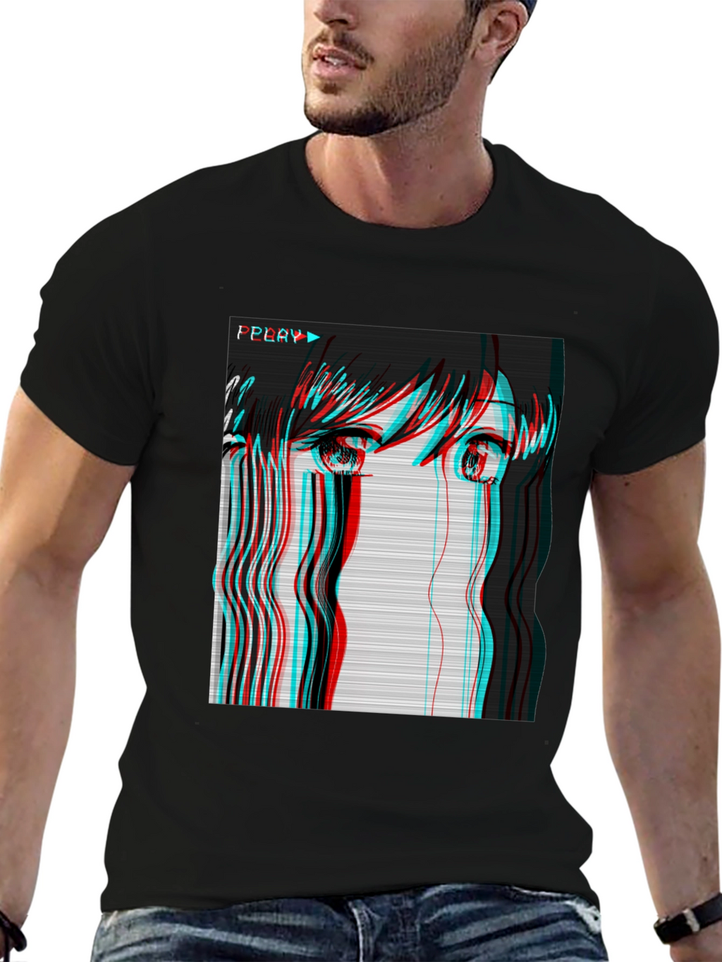 Anime Girl Glitch Black T-Shirt