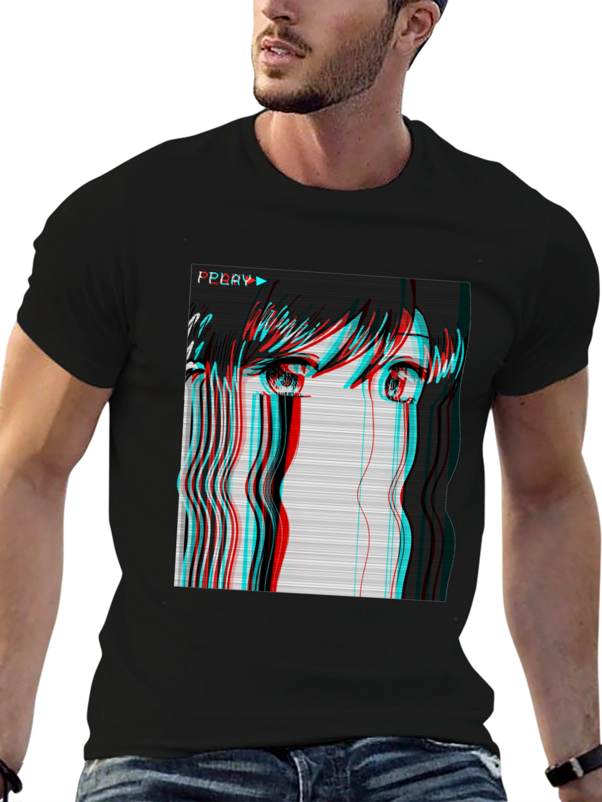 Anime Girl Glitch Black T-Shirt