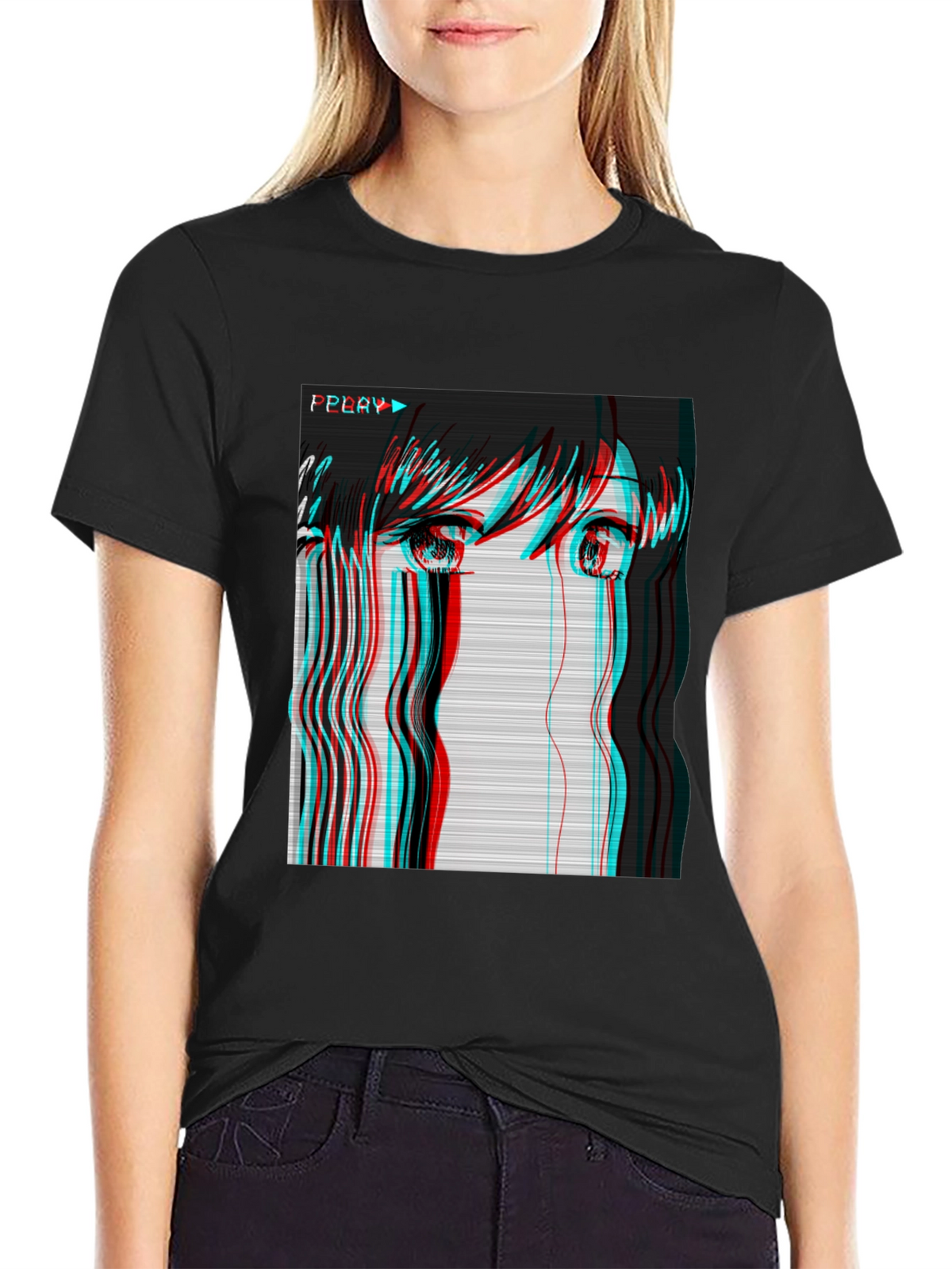 Anime Girl Glitch Black T-Shirt