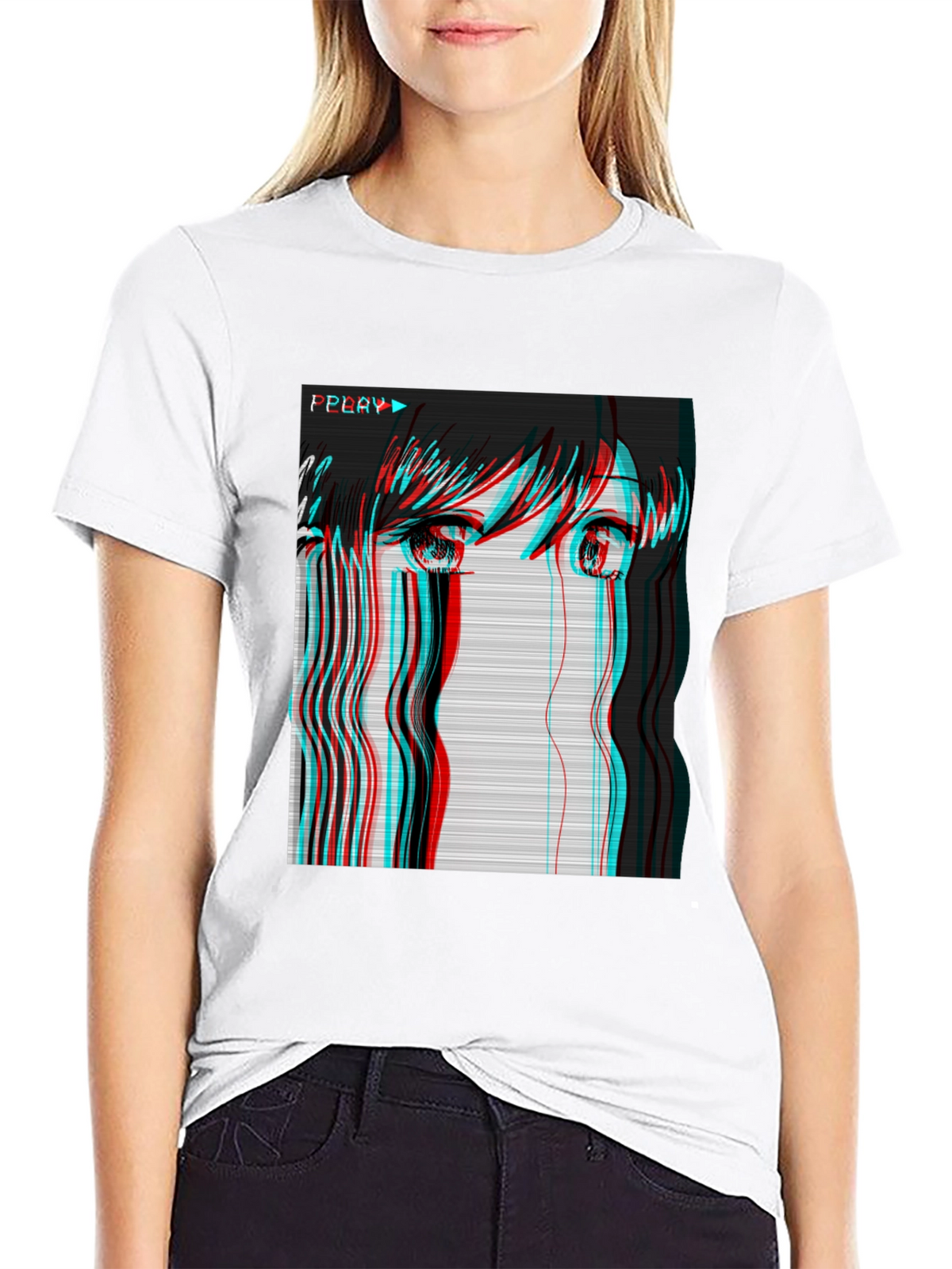 Anime Girl Glitch Black T-Shirt