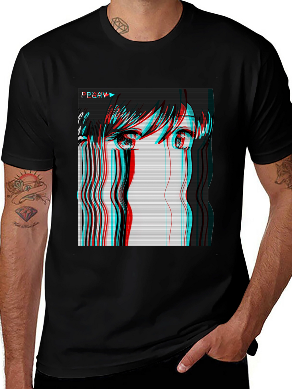 Anime Girl Glitch Black T-Shirt