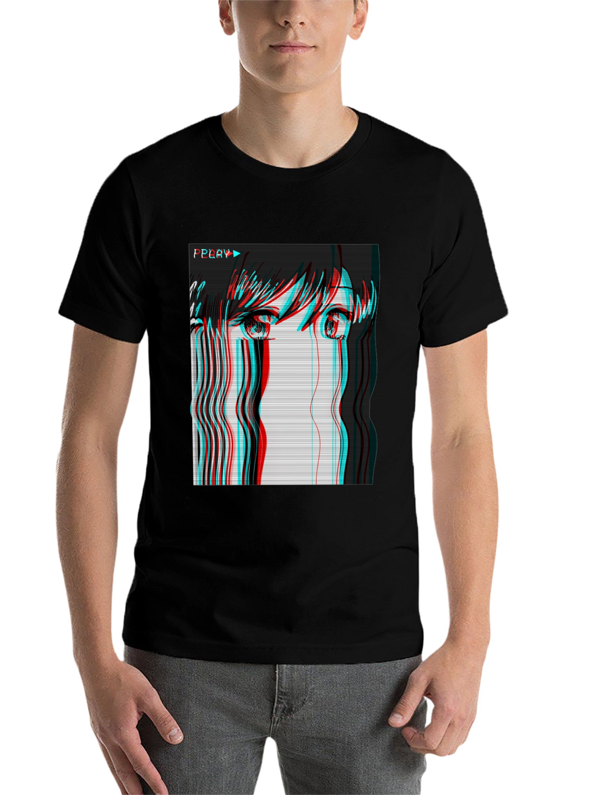 Anime Girl Glitch Black T-Shirt